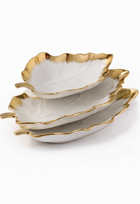 Luxury ceramic leaf serving plates set with gold rim for fruits and snacks elegant tableware