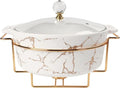 Luxury porcelain tureen set with marble design, glass lid and gold rack for elegant dining and serving