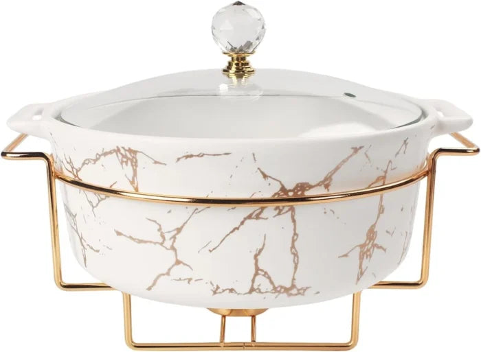 Luxury porcelain tureen set with marble design, glass lid and gold rack for elegant dining and serving