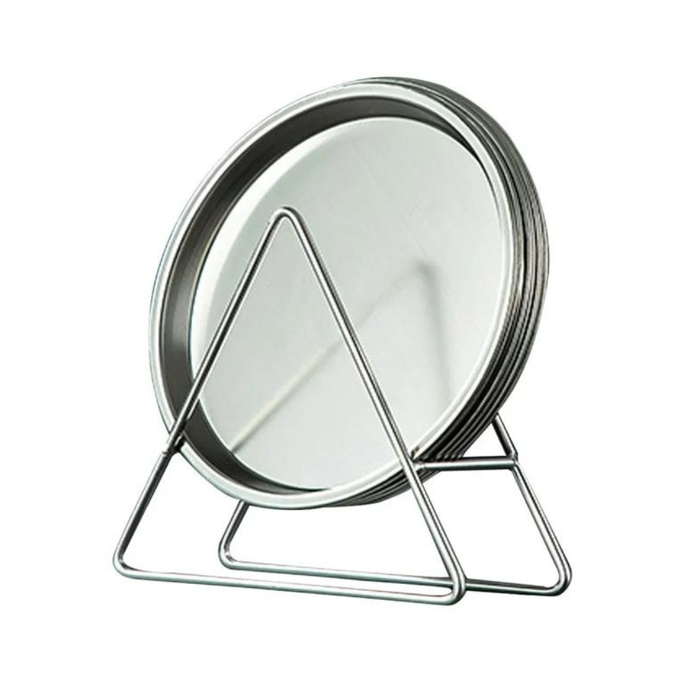 One set of a round stainless steel dinner plates with plates holder Silver.