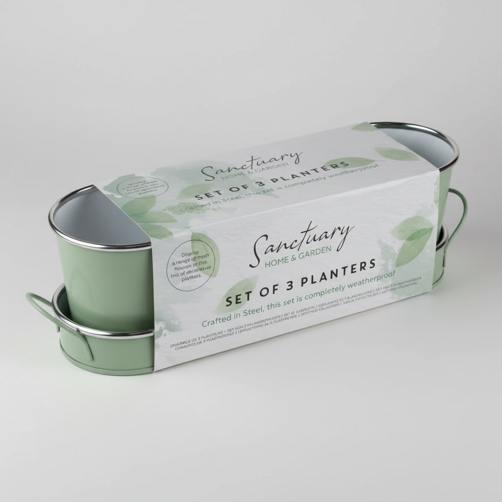 Set of 3 planters in packaging with 'Sanctuary Home & Garden' branding.