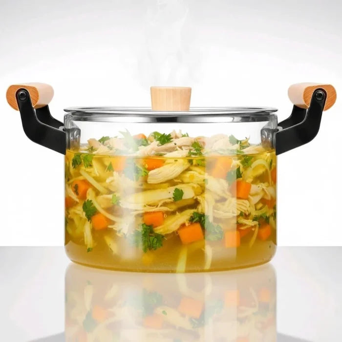 Luxury 3.5L Glass Cooking Pot with Wooden Handles – Heat Resistant Clear Simmer Pot for Healthy Cooking