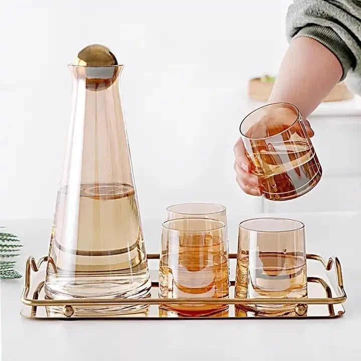 Luxury 7pcs Glass Jug Set with Ball Lid – Premium Water Dispenser with 6 Glasses | Elegant Serving Set