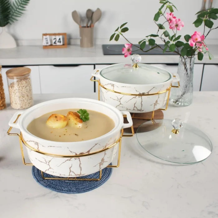 Luxury porcelain tureen set with marble design, glass lid and gold rack for elegant dining and serving
