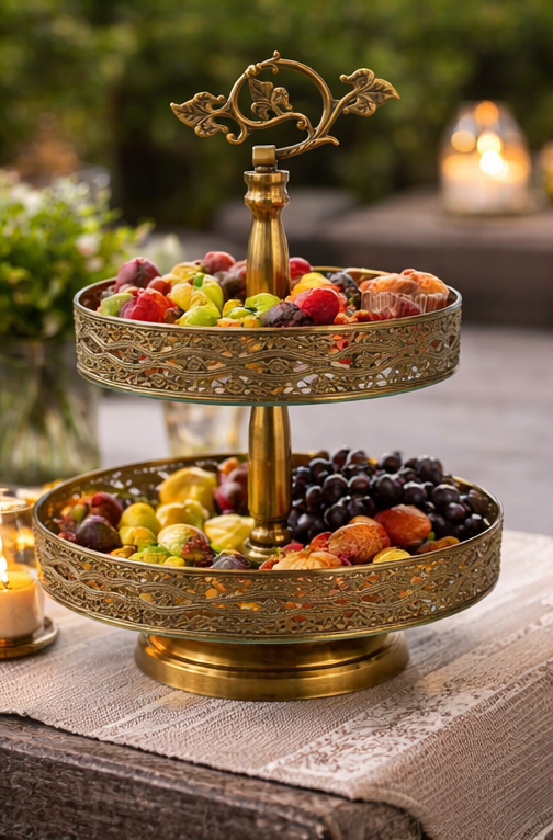 Luxury 2-tier vintage glass cake stand with gold ornamental frame for dessert display and table centerpiece