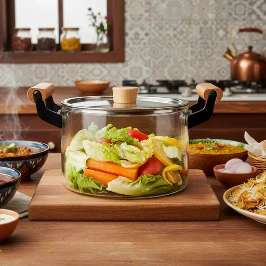 Luxury 3.5L transparent glass cooking pot with wooden handles and lid for healthy cooking