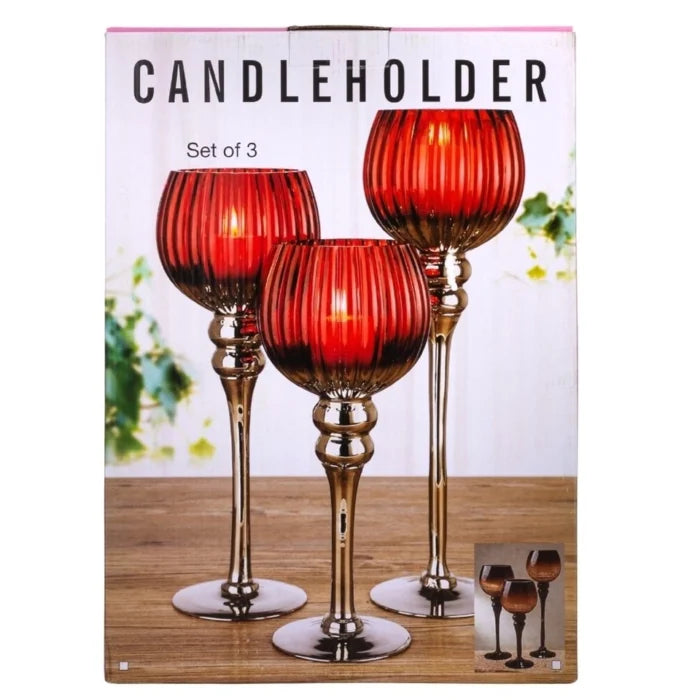 Luxury Goblet Candle Holders Set of 3 – Large 40cm, 35cm & 30cm Red Glass & Gold Decorative Stands