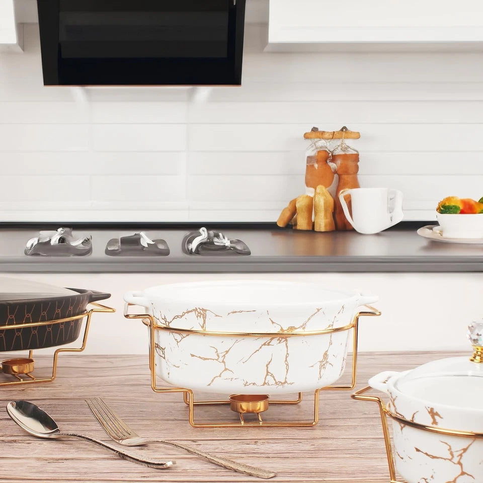 Luxury porcelain tureen set with marble design, glass lid and gold rack for elegant dining and serving
