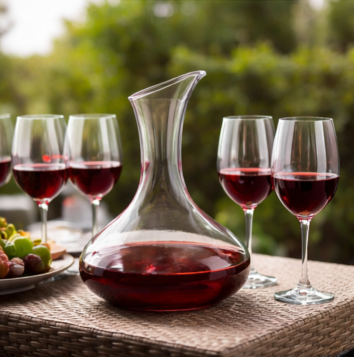 Red wine decanter with glasses on a table outdoors