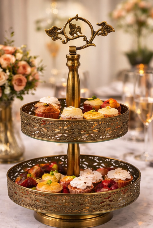 Luxury 2-tier vintage glass cake stand with gold ornamental frame for dessert display and table centerpiece