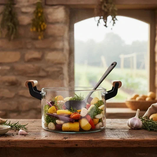 Luxury 3.5L transparent glass cooking pot with wooden handles and lid for healthy cooking