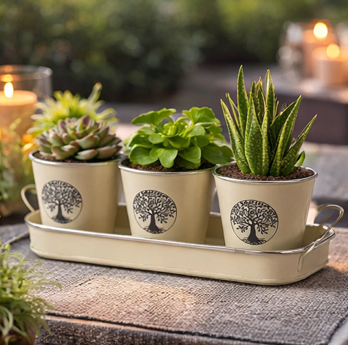 Three potted plants on a decorative tray with a tree design, set outdoors.