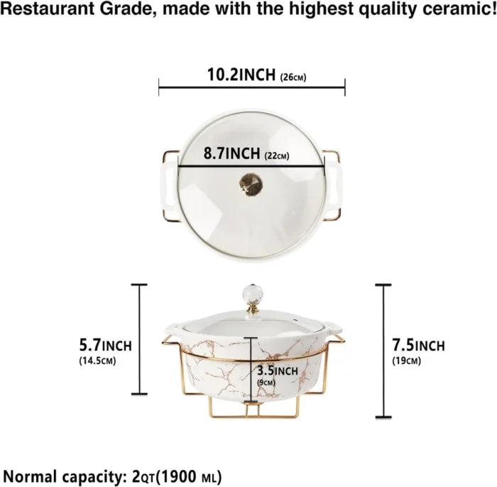 Luxury porcelain tureen set with marble design, glass lid and gold rack for elegant dining and serving