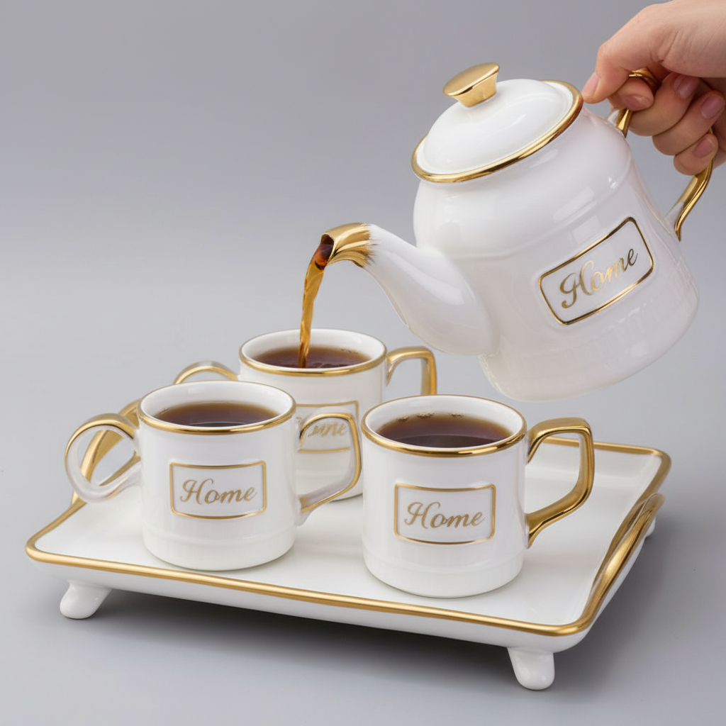 Luxury 9-Piece Ceramic Tea & Coffee Set – 1000ml Teapot with 6 Cups (200ml) & Serving Tray | Elegant Home Set