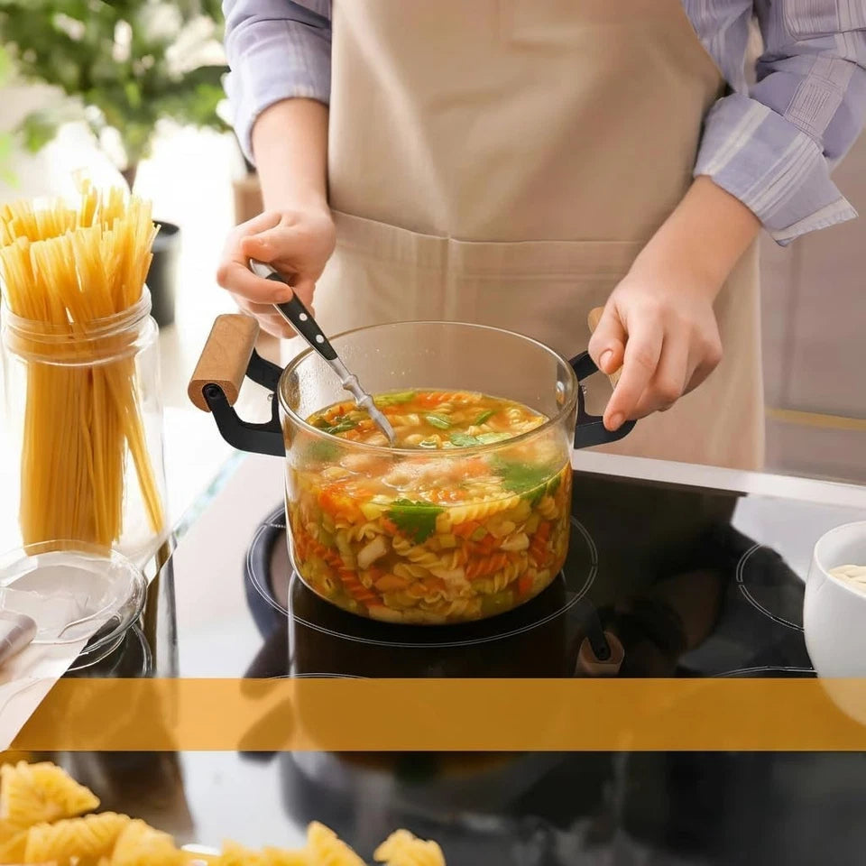 Luxury 3.5L transparent glass cooking pot with wooden handles and lid for healthy cooking