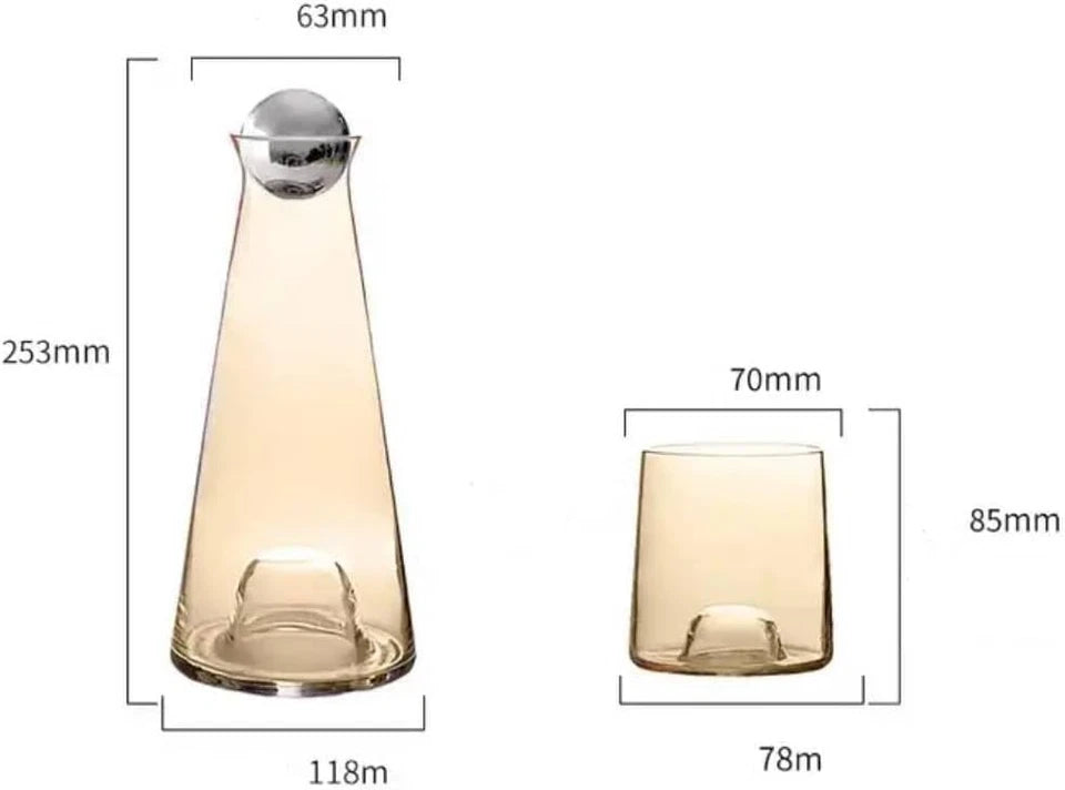 Glass carafe with dimensions labeled on a white background