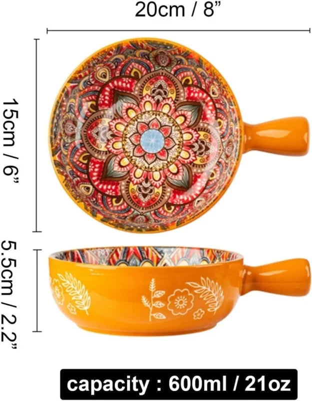 Ceramic soup bowl with handle set for ramen noodles and serving meals with decorative design