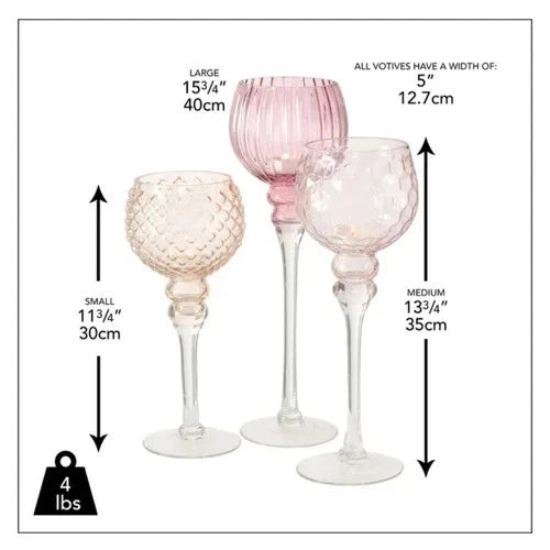 Three pink glass votives with measurements and weight displayed on a white background