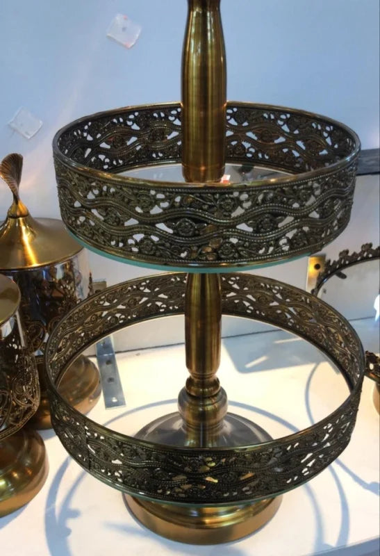 Luxury 2-tier vintage glass cake stand with gold ornamental frame for dessert display and table centerpiece