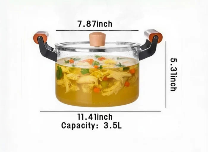 Luxury 3.5L transparent glass cooking pot with wooden handles and lid for healthy cooking