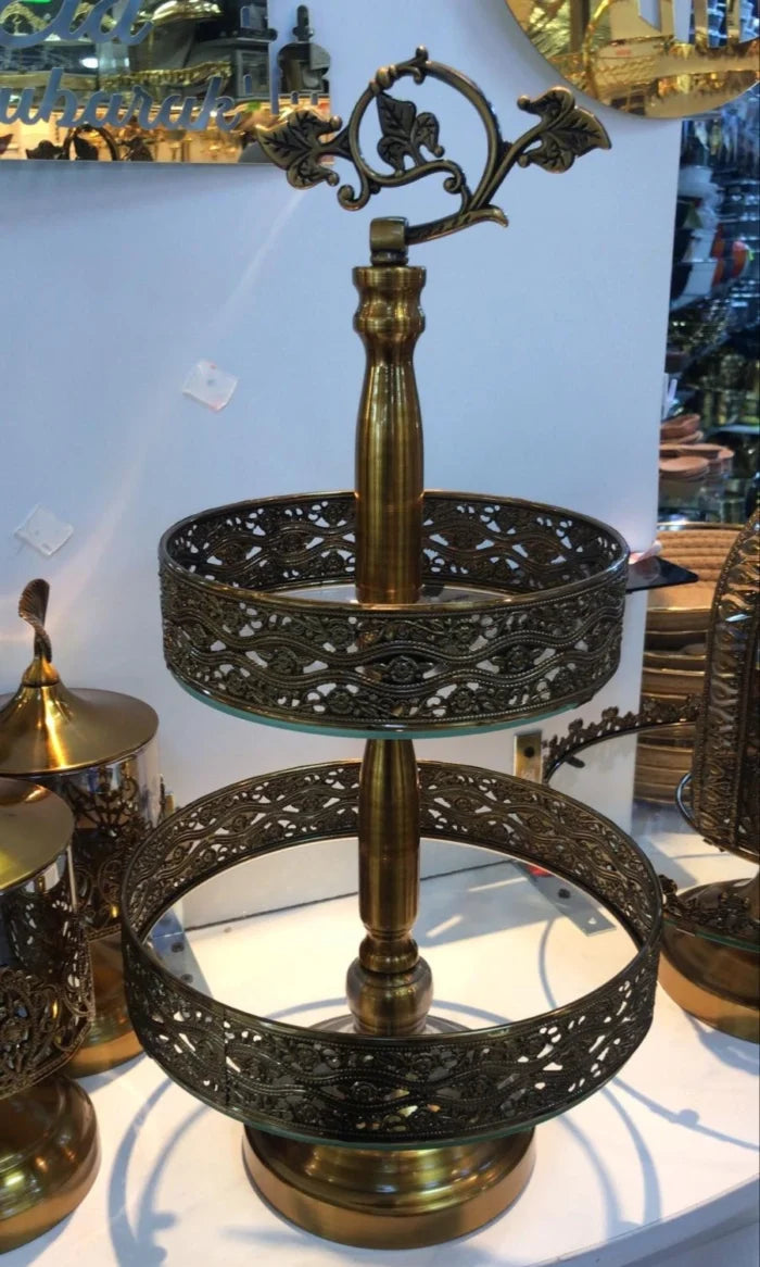 Luxury 2-tier vintage glass cake stand with gold ornamental frame for dessert display and table centerpiece