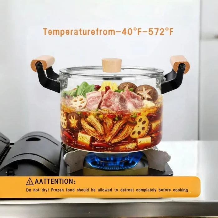 Luxury 3.5L transparent glass cooking pot with wooden handles and lid for healthy cooking