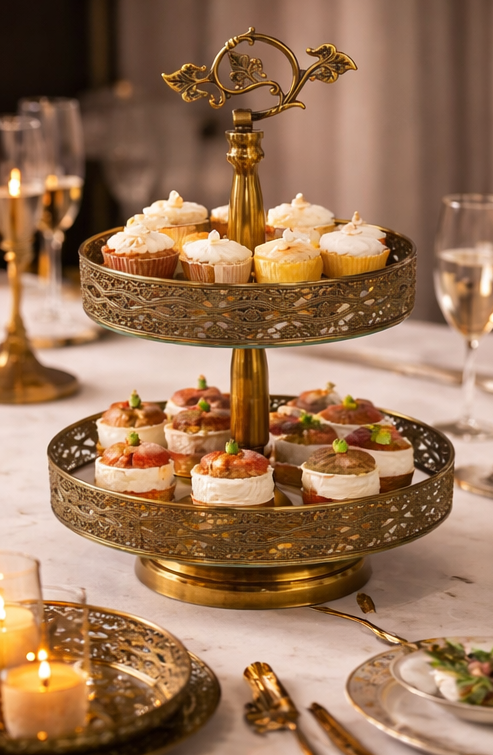Luxury 2-tier vintage glass cake stand with gold ornamental frame for dessert display and table centerpiece
