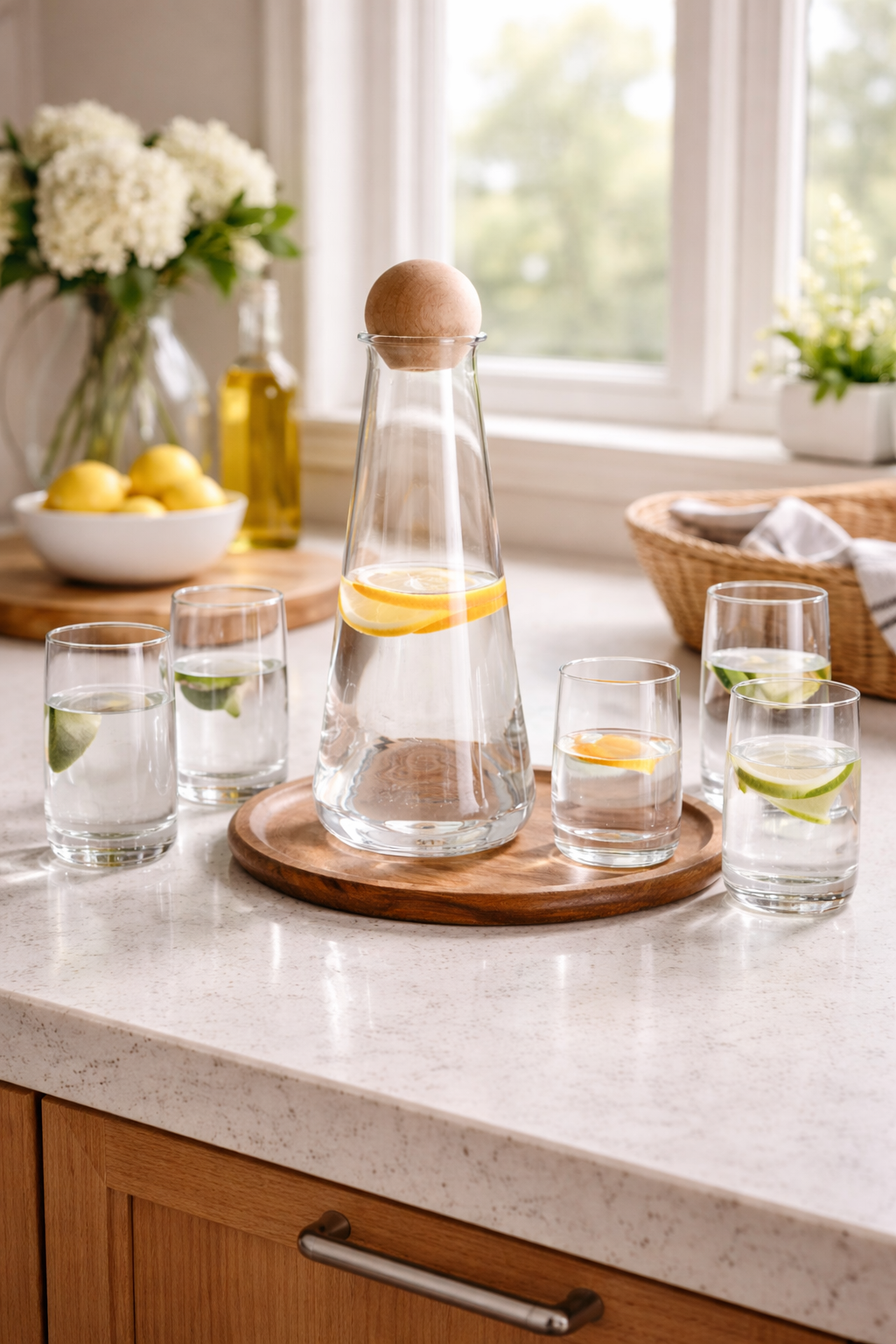 Clear carafe with wooden lid on a kitchen counter with glasses of water and lemon slices.