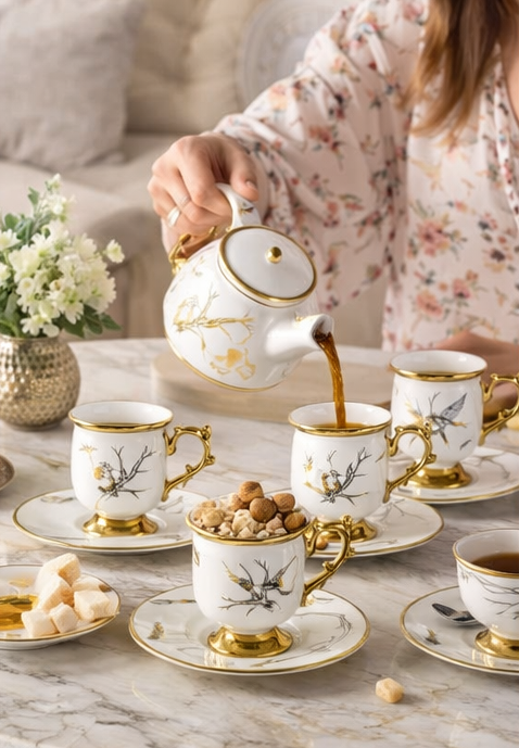 Tea ceremony with a person pouring tea into ornate cups and saucers on a marble table.