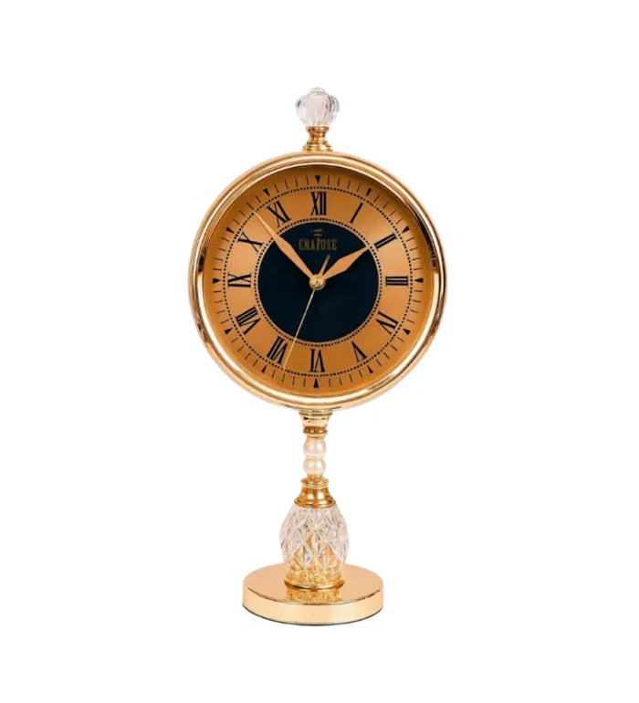 Luxury gold mirrored table clock with Roman numerals and decorative crystal base for home decor
