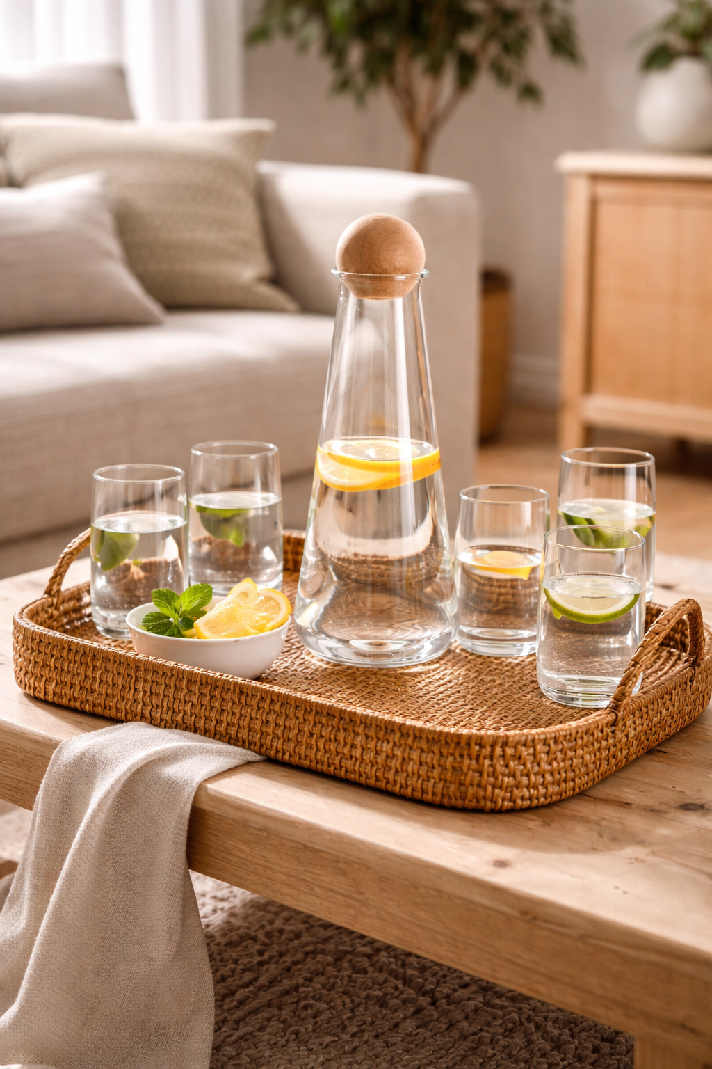 Clear glass carafe with wooden cap on a woven tray with glasses of water and lemon slices in a living room setting.