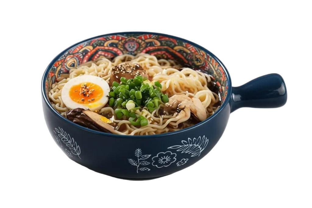 Noodle bowl with decorative floral patterns on a wooden surface