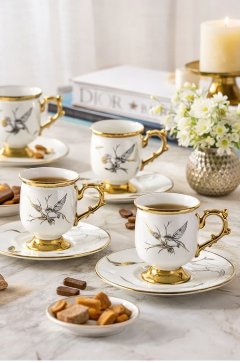 Tea cups with gold handles on a marble table with cookies and flowers.