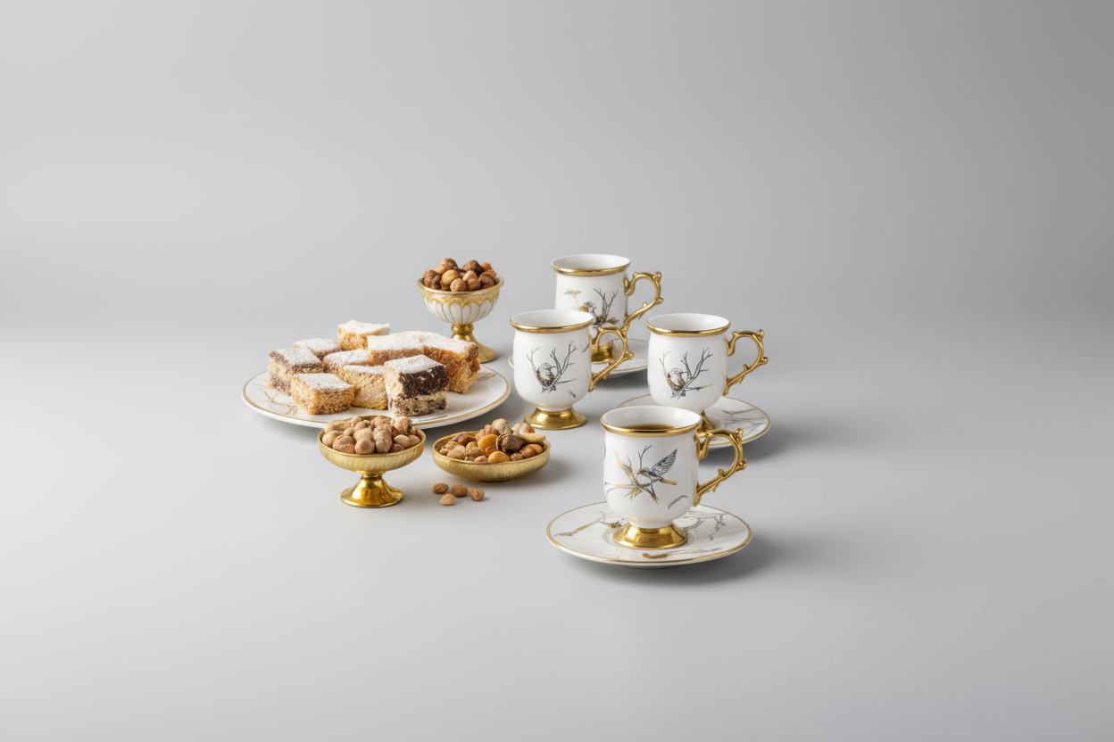 Set of elegant coffee cups with gold accents on a marble surface, surrounded by pastries and nuts.