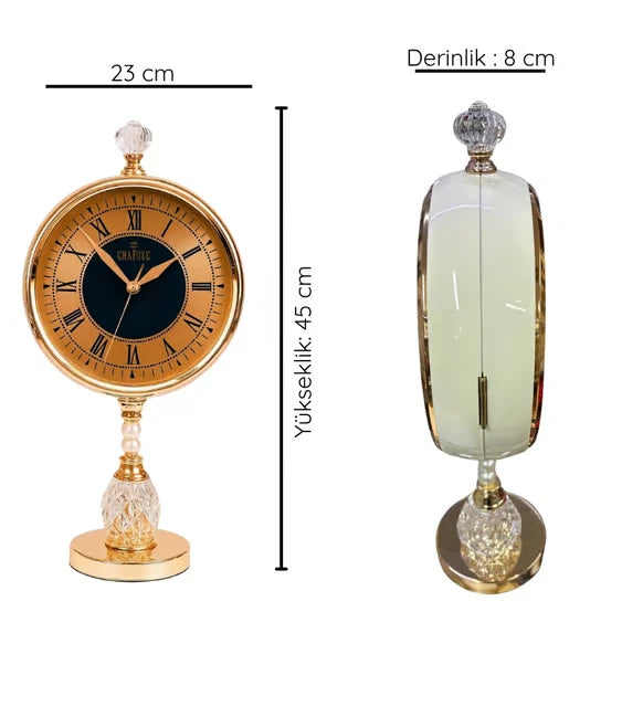 Luxury gold mirrored table clock with Roman numerals and decorative crystal base for home decor
