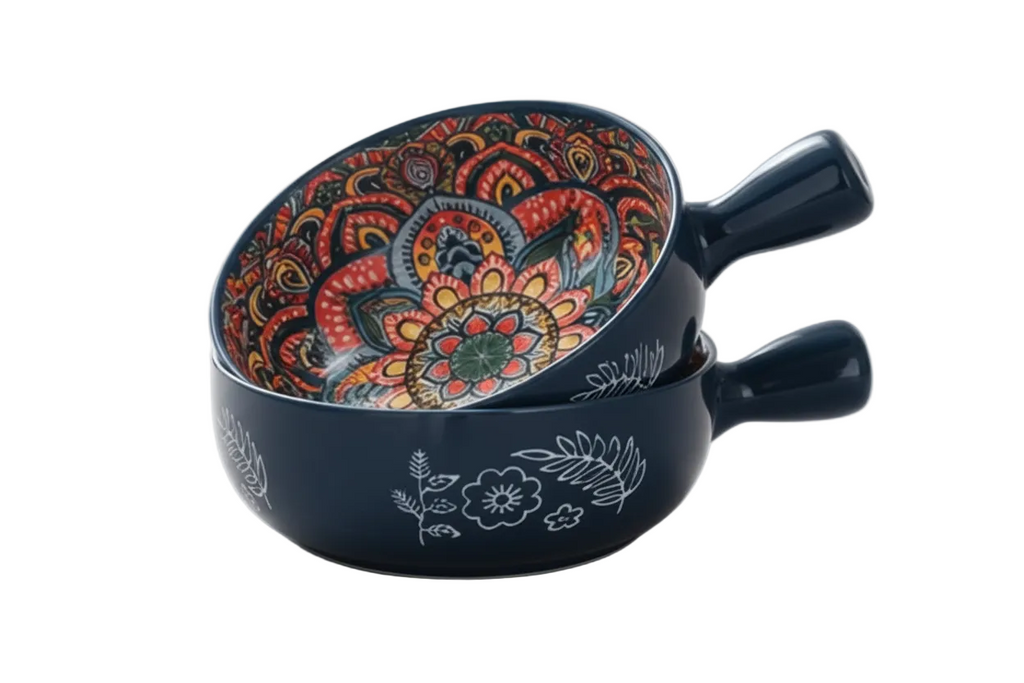 Decorative ceramic bowl with floral patterns on a wooden surface
