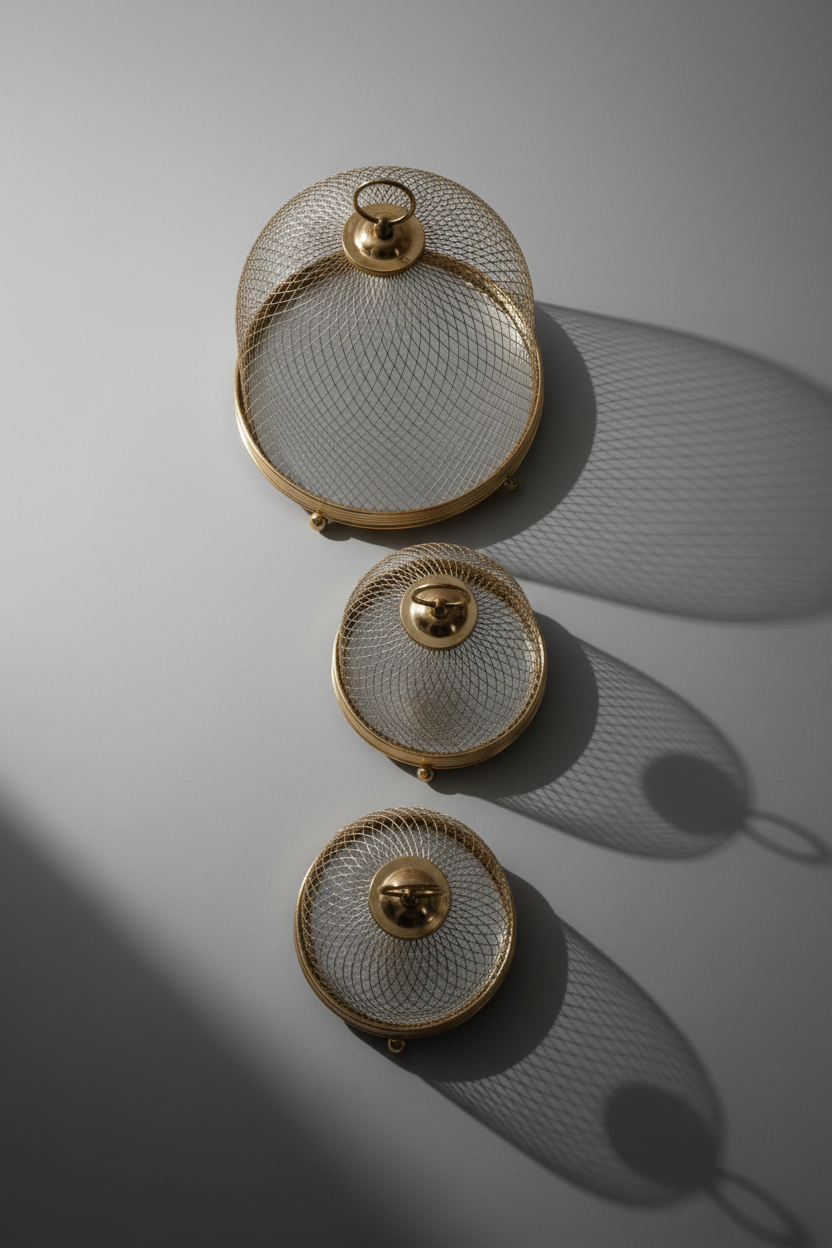 Decorative gold mesh table lamps on a wooden surface with candles and flowers in the background.