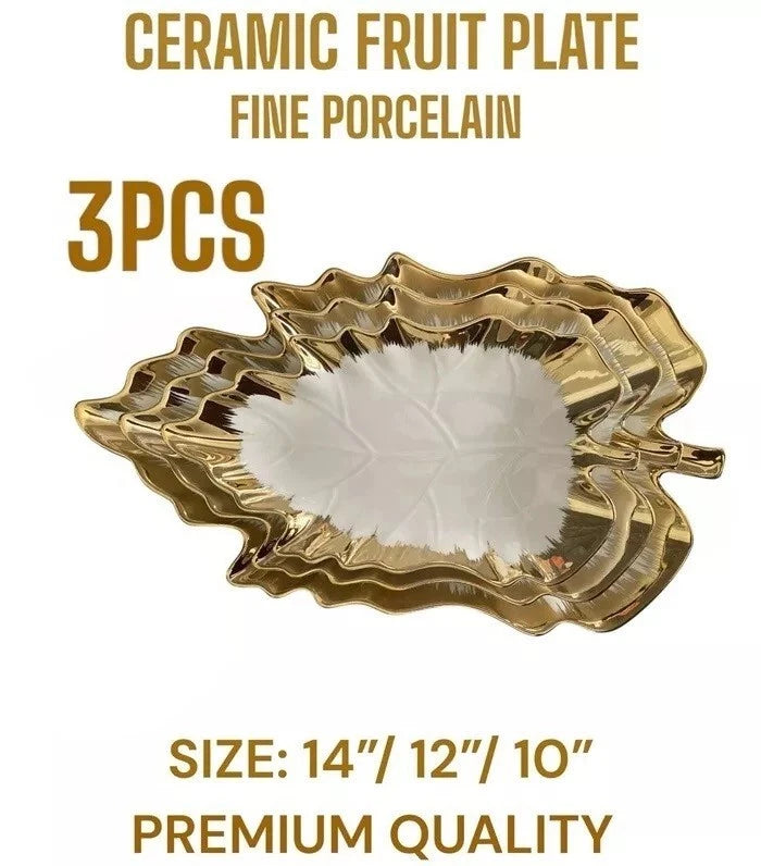 Luxury ceramic leaf serving plates set with gold rim for fruits and snacks elegant tableware