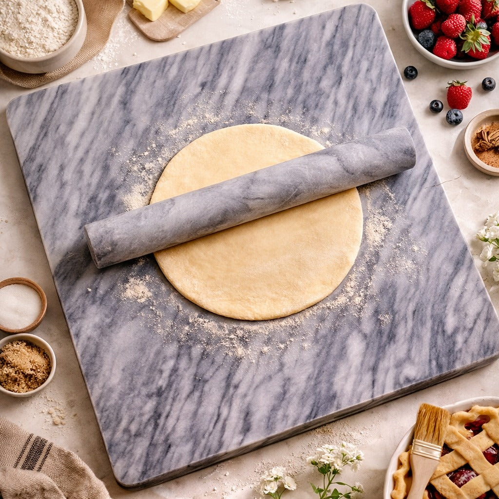 Luxury Heavy Footed Marble Pastry Board Set 38x38 cm (5 Items) with Rolling Pin – Extra Large Non-Slip Baking Surface