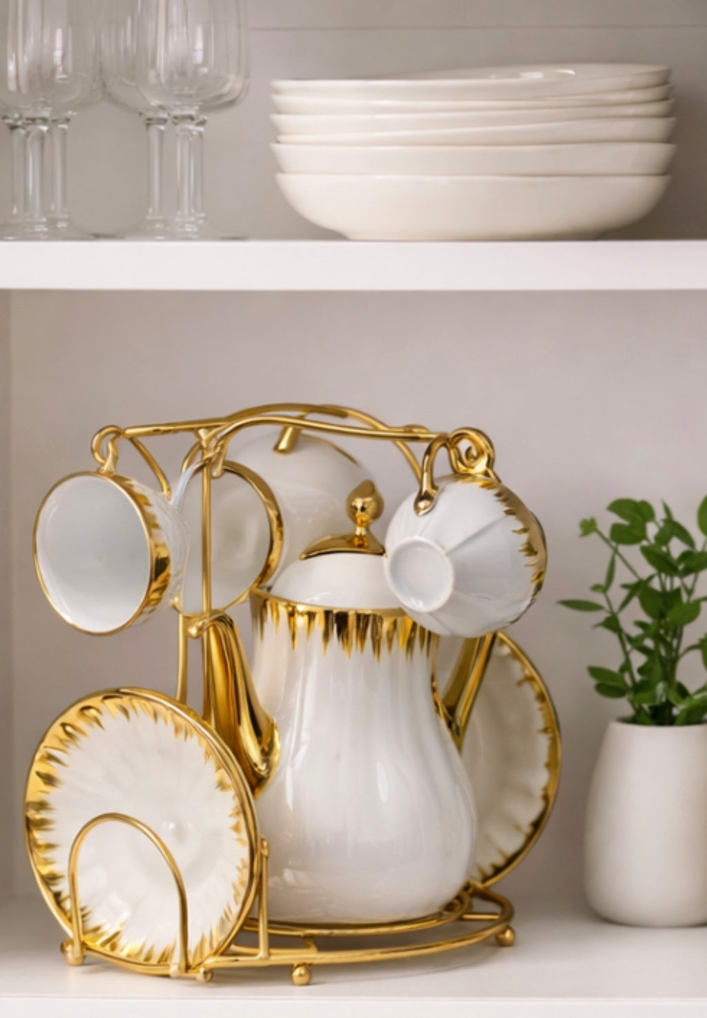 Luxury Porcelain Tea Set with Gold Stand Coffee Cup & Saucer Set Elegant Tea Pot Set Kitchen Gift Set
