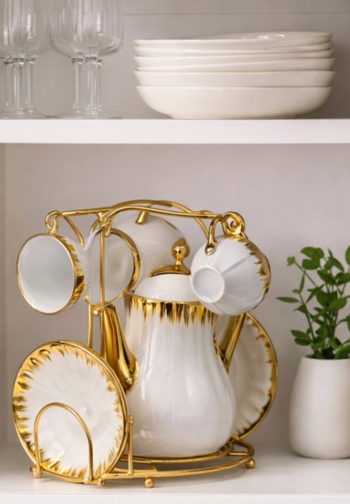 Luxury Porcelain Tea Set with Gold Stand Coffee Cup & Saucer Set Elegant Tea Pot Set Kitchen Gift Set