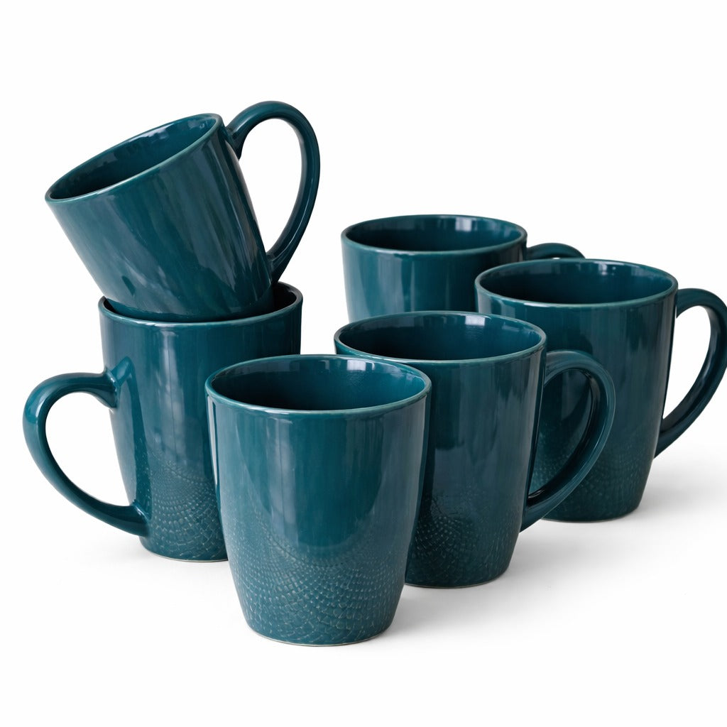 Teal color Coffee Mug Set 310ml Ceramic Tea Cups Modern Kitchen Drinkware Set of 6