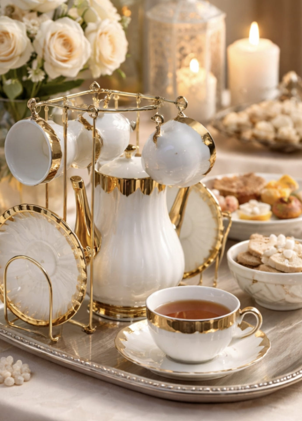 Luxury Porcelain Tea Set with Gold Stand Coffee Cup & Saucer Set Elegant Tea Pot Set Kitchen Gift Set