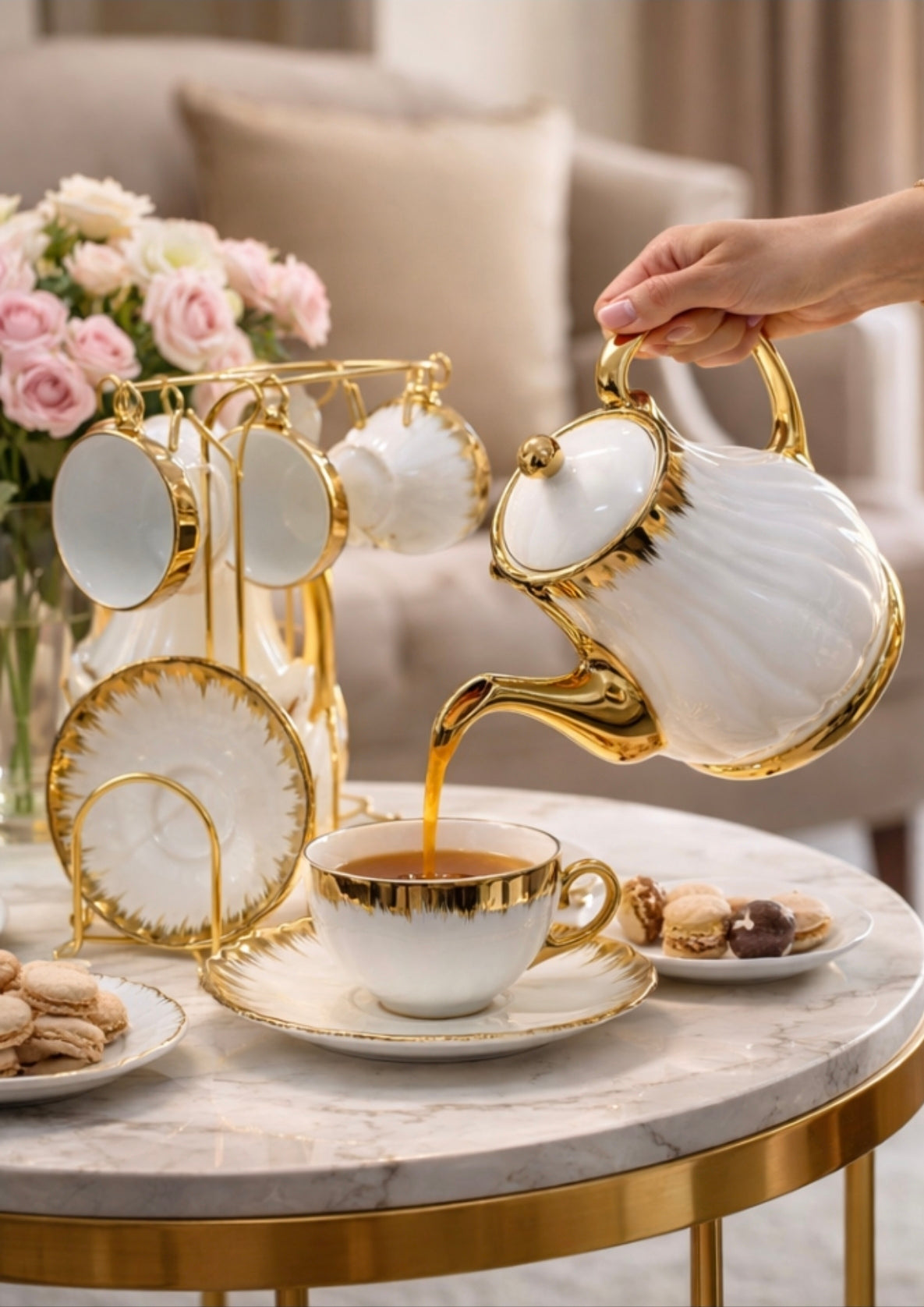 Luxury Porcelain Tea Set with Gold Stand Coffee Cup & Saucer Set Elegant Tea Pot Set Kitchen Gift Set