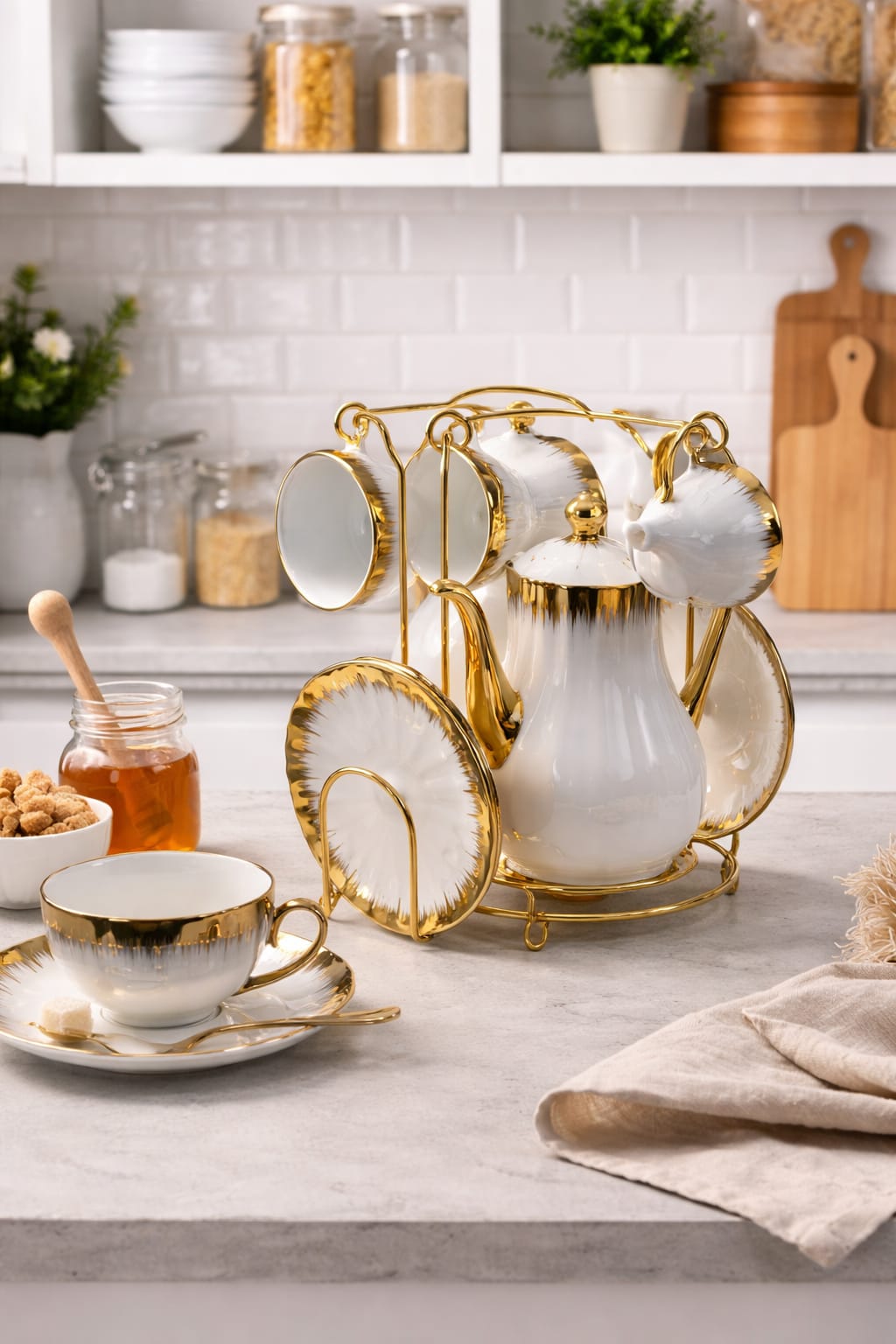 Luxury Porcelain Tea Set with Gold Stand Coffee Cup & Saucer Set Elegant Tea Pot Set Kitchen Gift Set