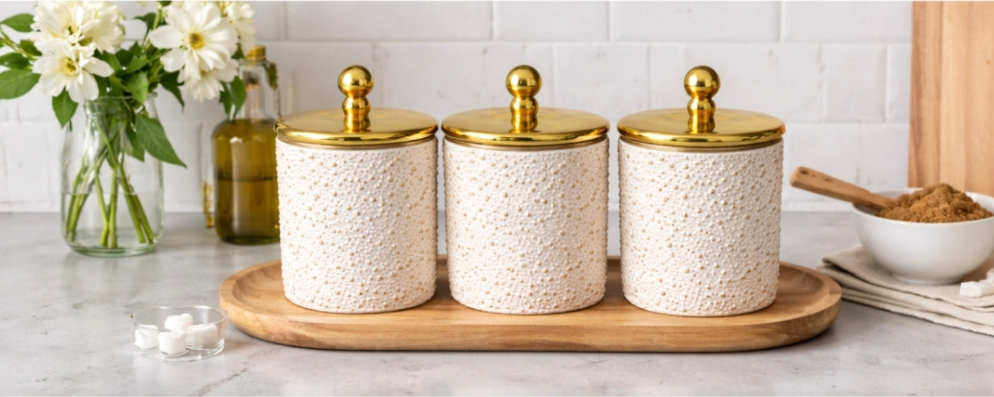 Luxury white Gold Acrylic Storage Jars Set– Coffee Tea Sugar Canisters Airtight Kitchen Storage