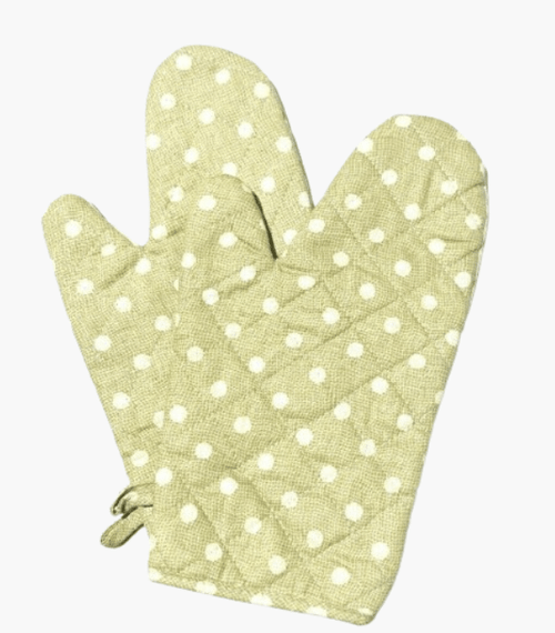 Beige Polka Oven Mitts Kitchen Gloves with Quilted Cotton Lining and Heat Resistance.