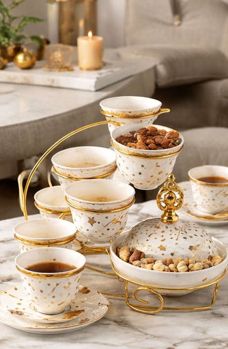 Luxury YBS Cups Mugs Set with Stand & Dry Fruit Holder – Elegant Tea & Coffee Set