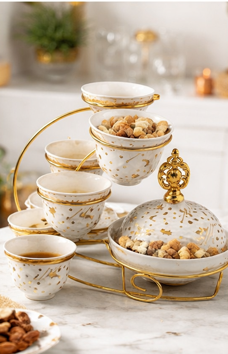 Luxury YBS Cups Mugs Set with Stand & Dry Fruit Holder – Elegant Tea & Coffee Set