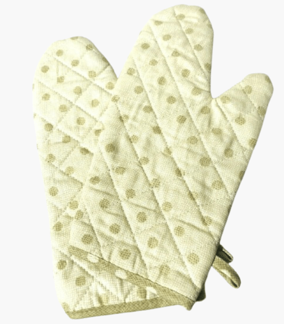 Beige Polka Oven Mitts Kitchen Gloves with Quilted Cotton Lining and Heat Resistance.